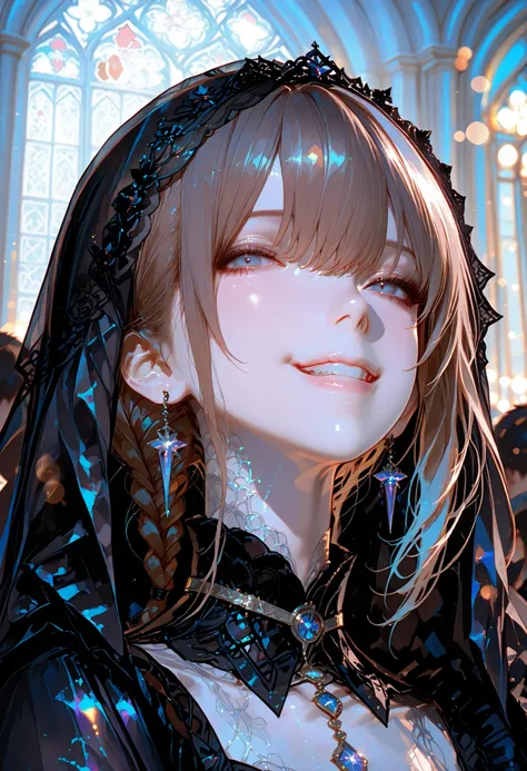 ((black veil ))、graceful behavior、big smile、Dark Dawn、holy church background、Destruction,High Quality、portrait、Photo、HDR、bokeh effect、Delicate Hues,((最High Quality)), (very detailed), (High Definition CG Composite 8K Wallpaper), 高いly detailed, 高い-definiti...
