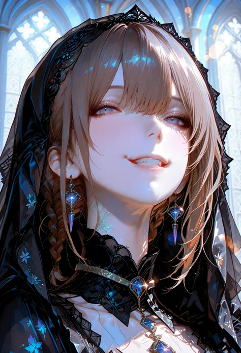 ((black veil ))、graceful behavior、big smile、Dark Dawn、holy church background、Destruction,High Quality、portrait、Photo、HDR、bokeh effect、Delicate Hues,((最High Quality)), (very detailed), (High Definition CG Composite 8K Wallpaper), 高いly detailed, 高い-definiti...