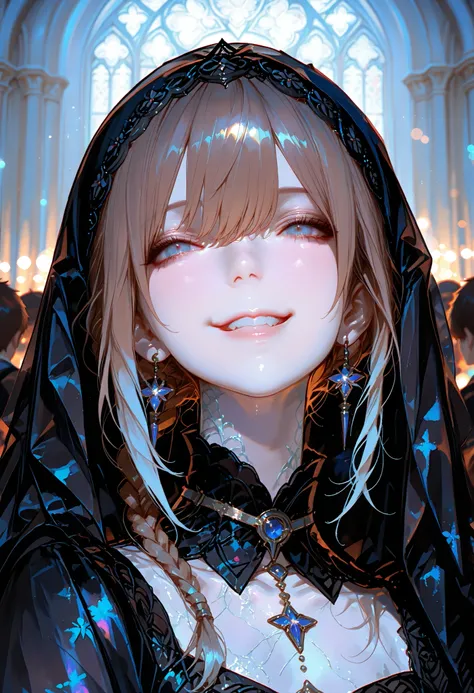 ((black veil ))、graceful behavior、big smile、Dark Dawn、holy church background、Destruction,High Quality、portrait、Photo、HDR、bokeh effect、Delicate Hues,((最High Quality)), (very detailed), (High Definition CG Composite 8K Wallpaper), 高いly detailed, 高い-definiti...