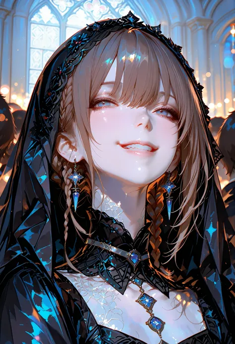((black veil ))、graceful behavior、big smile、Dark Dawn、holy church background、Destruction,High Quality、portrait、Photo、HDR、bokeh effect、Delicate Hues,((最High Quality)), (very detailed), (High Definition CG Composite 8K Wallpaper), 高いly detailed, 高い-definiti...