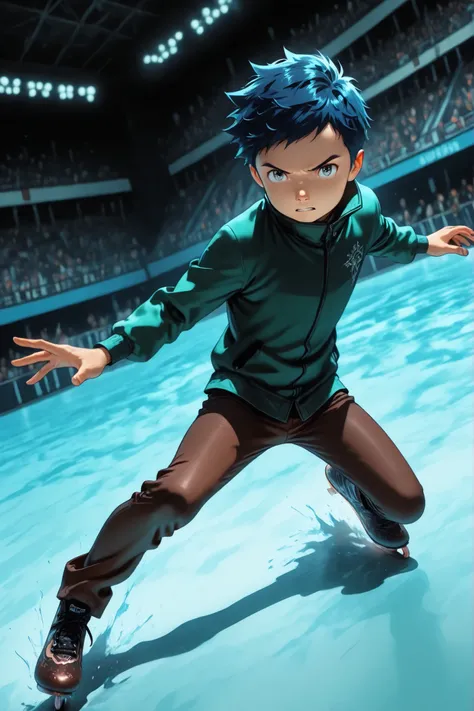 1boy, male focus,henry wong,blue hair,grey eyes, green jacket, high collar, dark brown trousers,skate shoes,skating,serious expression,parted lips BREAK skating rink, full with crowded people BREAK masterpiece, best quality, amazing quality, high resolutio...