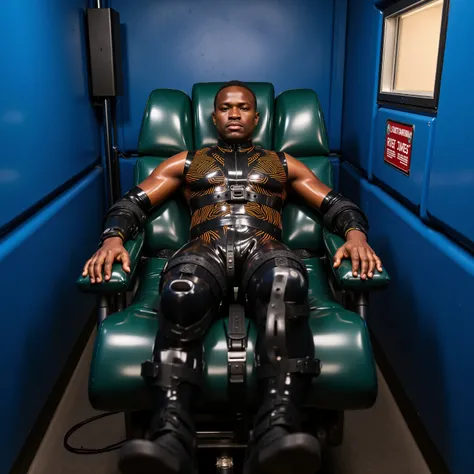 A_style,A 45 year old muscular heavy set black man with a cybernetic right arm and eye restrained in a high-security containment chamber made of padded blue rubber with a small viewing window showing the man, wearing a glossy black neoprene bodysuit with g...