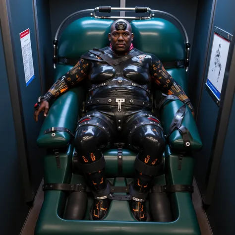 A_style,A 45 year old muscular heavy set black man with a cybernetic right arm and eye restrained in a high-security containment chamber made of padded blue rubber with a small viewing window showing the man, wearing a glossy black neoprene bodysuit with g...