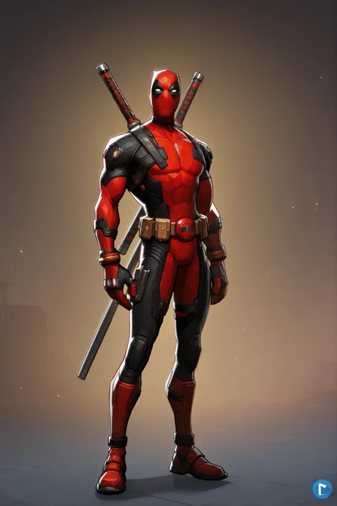 Deadpool standing, two katanas on back, utility belt, black suit with little red accents, athletic body, character design, 2d cartoon, 8k ultra HD, high quality, good lighting 