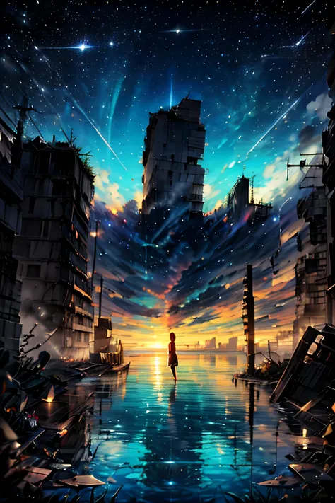 A petite girl, dressed as an explorer, wearing a tank top and long pants, is sitting on the ground, leaning her hands on the ground, looking up with a relaxed expression, feeling peaceful, amidst the ruins of an abandoned building. A submerged city, ruins,...