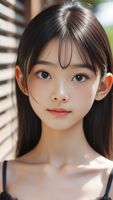  bangs、Beautiful Breasts、 Camisole 、 protruding nipple、black eyes、looks into the camera、surprised expression、