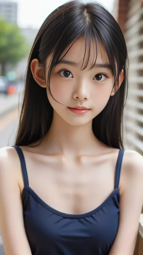  bangs、Beautiful Breasts、 Camisole 、 protruding nipple、black eyes、looks into the camera、surprised expression、navy school swimsuit