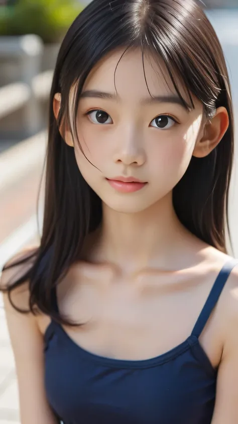 bangs、Beautiful Breasts、 Camisole 、 protruding nipple、black eyes、looks into the camera、surprised expression、navy school swimsuit