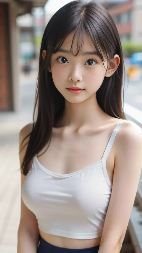  bangs、Beautiful Breasts、 Camisole 、 protruding nipple、black eyes、looks into the camera、surprised expression、navy school swimsuit