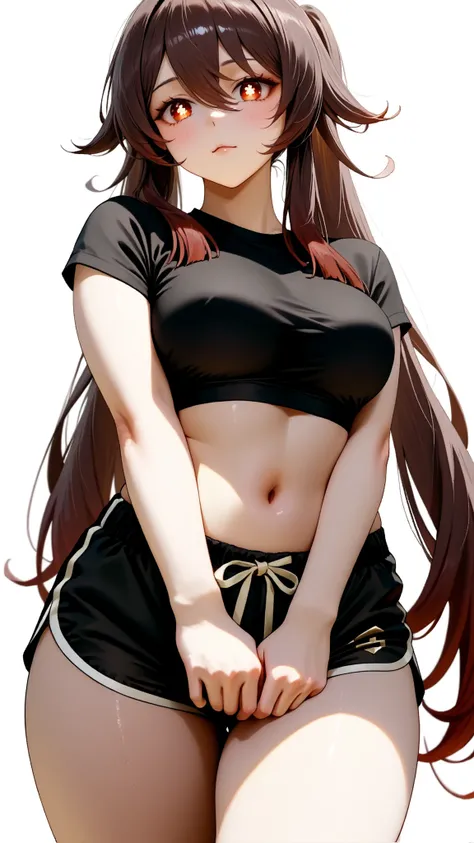 Hu_Tao_(Genshin_Impact), red_eyes, brown_hair, long_hair, twintails, symbol-shaped_pupils, Hu Tao, Genshin Impact, with a white background,intricate_details_xl, masterpiece, extremely detailed, 16k, solo, semi realistic, 1girl, adult ,((fullbody)), 1girl, ...