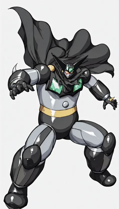 ブラックGetter Robo、Action Pose、white background、(Getter Robo, Super Robot, Mecha), Dynamic Pose、large black cloak to fasten on the shoulder、(black getter, Super Robot, Mecha)、Dynamic Poses、dynamic composition、solo、comics、comic、Efficacy Line、sense of speed、