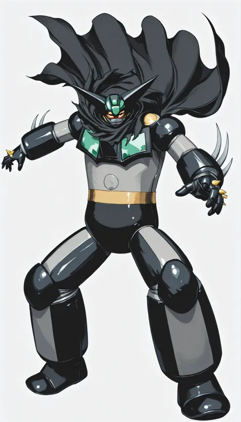 ブラックGetter Robo、Action Pose、white background、(Getter Robo, Super Robot, Mecha), Dynamic Pose、large black cloak to fasten on the shoulder、(black getter, Super Robot, Mecha)、Dynamic Poses、dynamic composition、solo、