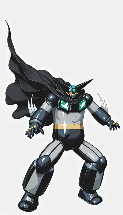 ブラックGetter Robo、Action Pose、white background、(Getter Robo, Super Robot, Mecha), Dynamic Pose、large black cloak to fasten on the shoulder、(black getter, Super Robot, Mecha)、Dynamic Poses、dynamic composition、solo、