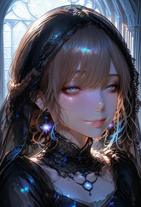 (((black veil👰))),The delicate expression of a beautiful girl,Veiled Profile,((Her Enchanting Gray-Blue Eyes Are Shining Like Stars)),Inside a Destroyed Church,Lonely Single Bride,Quiet Eyes Shining in Backlight,((from above:1.2)),exquisite hair texture,Wr...