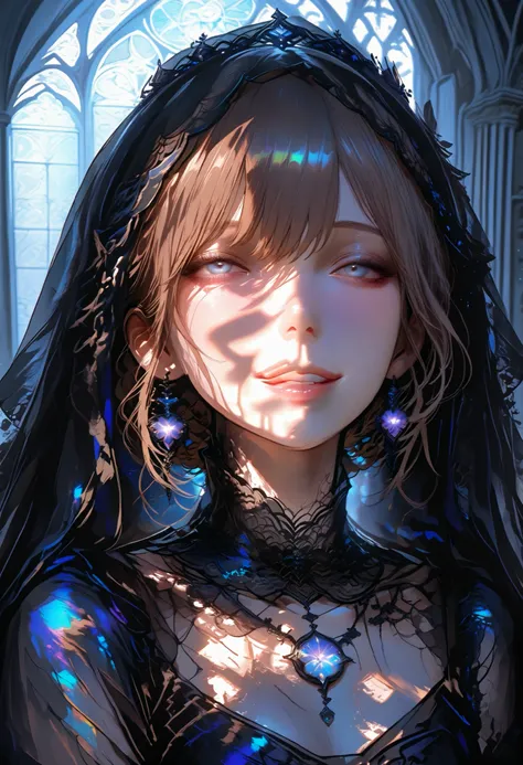 (((black veil👰))),The delicate expression of a beautiful girl,Veiled Profile,((Her Enchanting Gray-Blue Eyes Are Shining Like Stars)),Inside a Destroyed Church,Lonely Single Bride,Quiet Eyes Shining in Backlight,((from above:1.2)),exquisite hair texture,Wr...