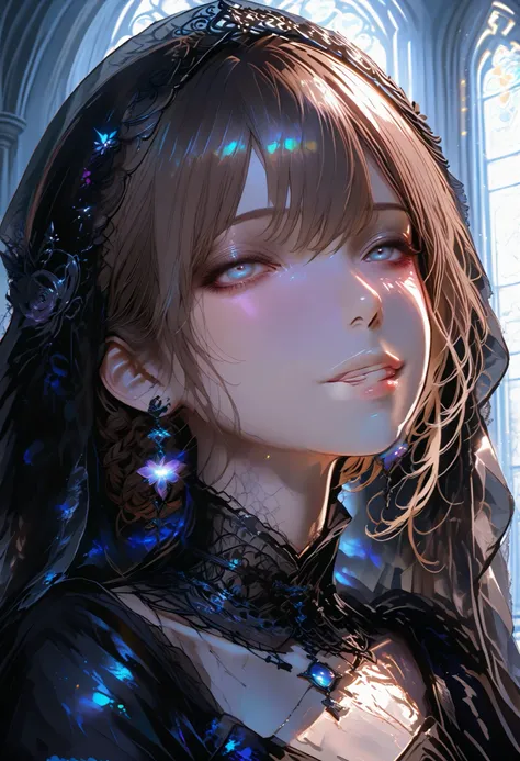 (((black veil👰))),The delicate expression of a beautiful girl,Veiled Profile,((Her Enchanting Gray-Blue Eyes Are Shining Like Stars)),Inside a Destroyed Church,Lonely Single Bride,Quiet Eyes Shining in Backlight,((from above:1.2)),exquisite hair texture,Wr...