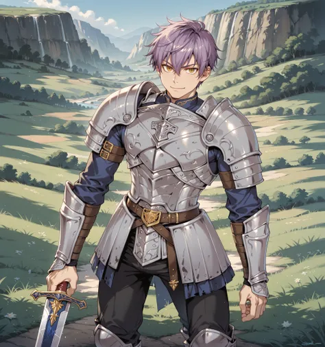 Source_anime, handsome male, fishine style, 1boy, solo, adult boy BREAK
Purple hair BREAK short hair, messy hair, wolf cut, hair between eyes, yellow eyes BREAK
Blue armor, knight armor, sapphire armor, black pants BREAK
Looking at viewer, dynamic po...