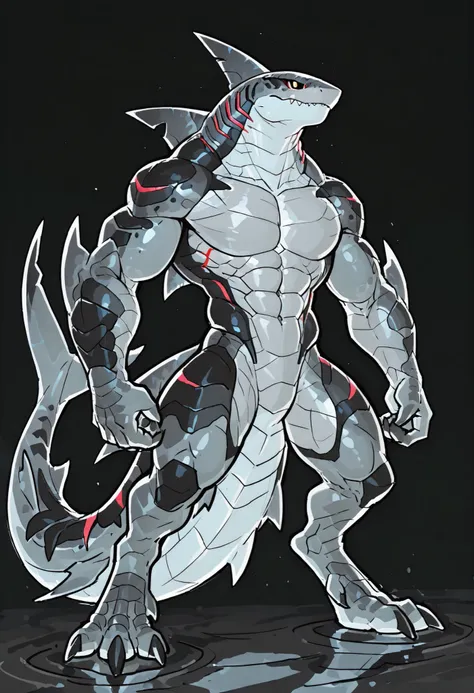 sharkman, anthro kohalasaurus, darker hands and fins, black back, solo, big arms, bara, bulky, detailed skin, lizard shark hybrid, anthro, closed mouth, detailed scalie skin, scalie arms, fins on arms, gray color body, beefy, thick scales on arms, digitigr...