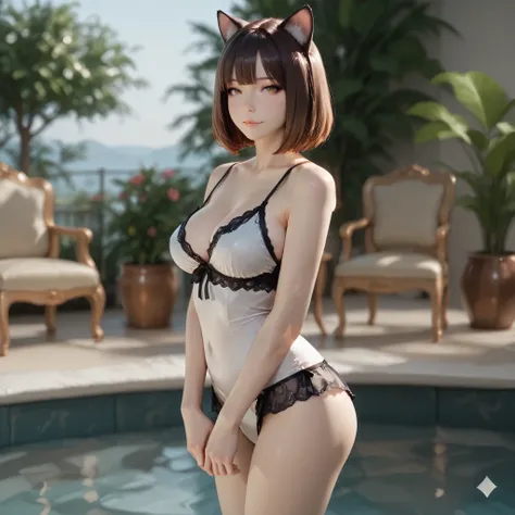 (masterpiece, best quality, ultra-detailed, 8k, rich-contrast:1.2), 

a gothic-influenced catgirl with a melancholic beauty, (feminine curves:1.3), beautiful decollete, 21 years old, softly shining skin, chin-length chestnut brown bob with smooth, beautifu...