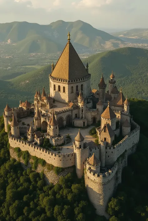 RPG map viewed from above a Kingdom / medieval village with a huge stone castle and a dome with a golden star on its top, realistic and dramatic image style, soft shading and soft lighting, contrasting sunlight, Wide stone walls surrounding the kingdom (fl...