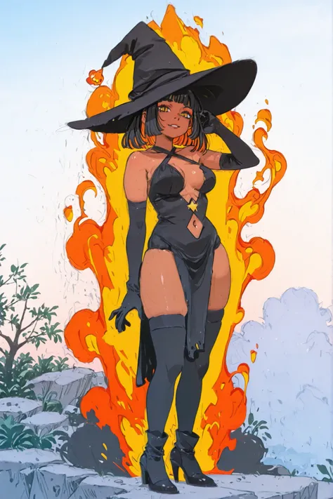 1girl, colored_inner_hair, solo, hat, thighhighs, witch_hat, dark_skin, gloves, dark-skinned_female, breasts, navel, elbow_gloves, orange_hair, dress, black_hair, high_heels, black_gloves, halterneck, looking_at_viewer, black_dress, multicolored_hair, outd...