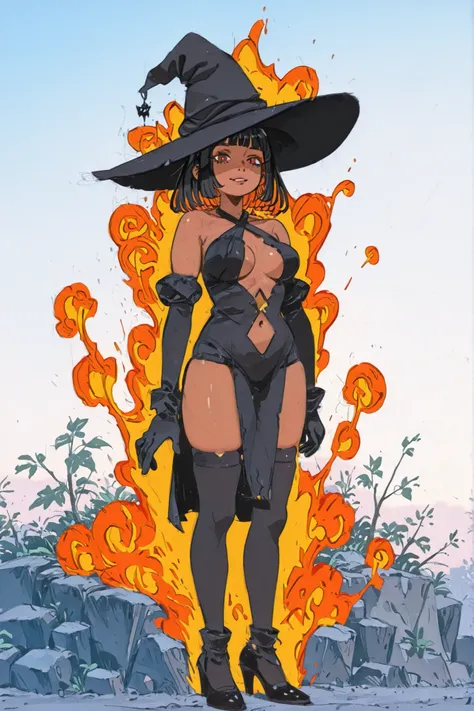 1girl, colored_inner_hair, solo, hat, thighhighs, witch_hat, dark_skin, gloves, dark-skinned_female, breasts, navel, elbow_gloves, orange_hair, dress, black_hair, high_heels, black_gloves, halterneck, looking_at_viewer, black_dress, multicolored_hair, outd...