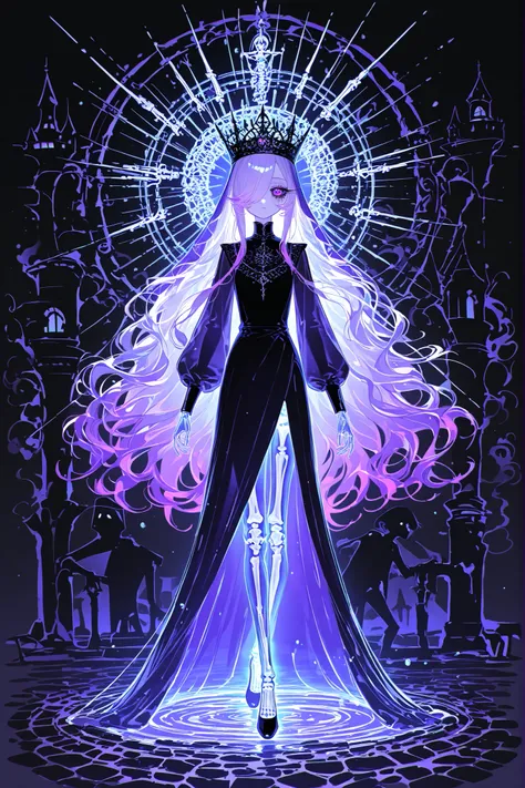 (source_anime,xxx667_illu,glowing,ghostly) The undead medival princes. (She has a transparent skin, the silhouette of her skeletal bones can be see through.) She has a shorty flat-chested body shape. She has ghostly pale skin and bruises under her eyes. S...