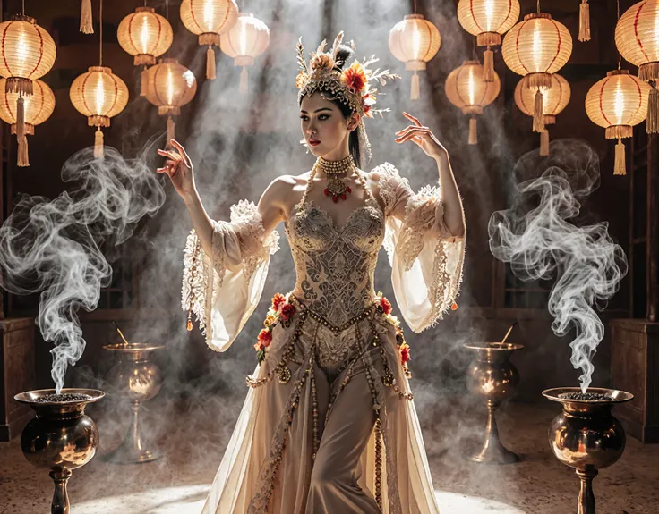 High-art fashion photography close-up, mystical boudoir style. An intimate festival stage, skin illuminated by the golden and orange light of hundreds of translucent silk lanterns hanging at different heights. Polished copper braziers emit an aromatic and ...