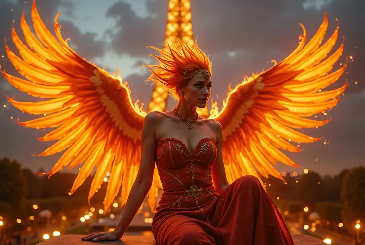 Potrait lower photoshot half body of a woman with a red bird on her head and wings, phoenix rising from the ashes, phoenix rising, phoenix-inspired, she has the head of a phoenix, phoenix in light orange fire, with fiery orange wings, with fiery golden win...