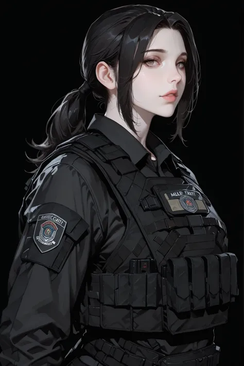 tactfit, tactical bulletproof vest, bulletproof vest, high quality, masterpiece, portrait, standing up, adult female, mature face, western face, pale skin, black hair, long ponytail black hair, light brown eyes, looking at viewer, black outfit. anime art s...