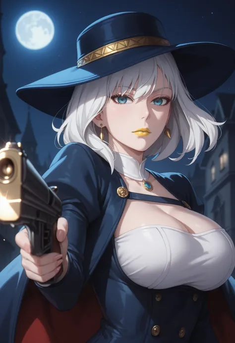 woman, large breasts, anime style, yellow lipstick, bright blue eyes, white hair, white skin, blue hat, white blouse, open blue suit, night, dark environment, looking at viewer, focus on character, chiaroscuro moon, holding a gun, side view, open arms, bla...