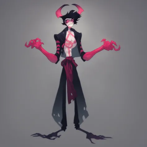 12-foot-tall black demon monkey, lean muscular build, short coarse black fur, thick untamed black mane down head and back, elongated arms, long clawed hands and feet, subtle bone ridges under skin, faint horns curving backward, deep violet eyes with heavy ...