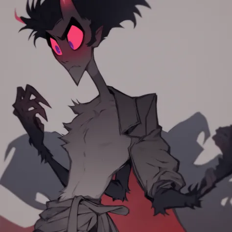 12-foot-tall black demon monkey, lean wiry build, short coarse black fur, thick untamed black mane down head and back, elongated arms, long clawed hands and feet, subtle bone ridges under skin, faint horns curving backward, deep violet eyes with heavy lids...