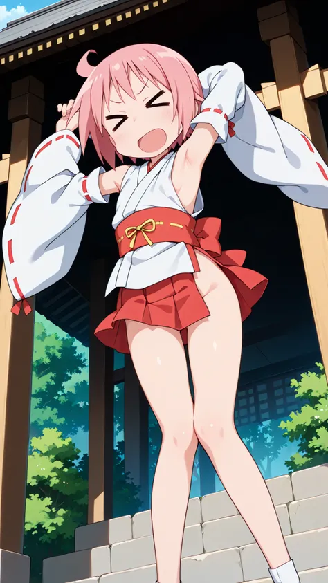 nonohara yuzuko, pink hair, short hair, ahoge,,bangs,(nsfw),((anime style)),score_9, score_8_up, score_7_up, source_anime,,1girl, ((miko)),  ((((mini slit red skirt)))),, Exposed thighs ,Obi knot, (flat chest) , ((side boob)) , (No panties) ,  ,(Sleeveless...
