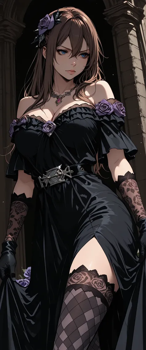 defRos, brown hair, blue eyes, long hair, hair between eyes, purple rose:1.4, hair flower, hair ornament, necklace, black gown, off-shoulder dress, cleavage, belt, black gloves, argyle thighhighs, large breasts, pose, off centered, dynamic angle:1.3