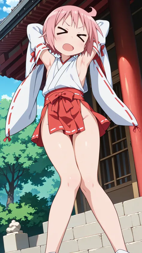 nonohara yuzuko, pink hair, short hair, ahoge,,bangs,nsfw,((anime style)),score_9, score_8_up, score_7_up, source_anime,,1girl, ((miko)),  (((((mini slit red skirt))))),, Exposed thighs ,Obi knot, (flat chest) , ((side boob)) , (No panties) ,  ,(Sleeveless...