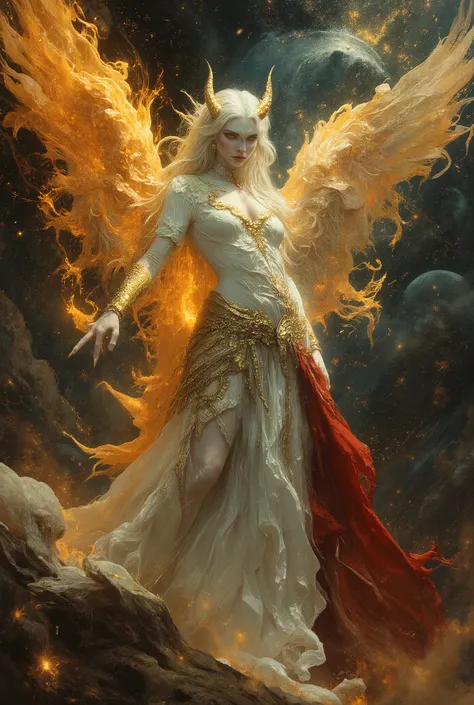 best, highest quality, ultra high resolution, masterpiece, hyperreal impressionistic full portrait done in a surreal dark fantasy style, what appears to be a gorgeous 20 year old albino vixen is something cosmic that towers over planets in its true form, a...
