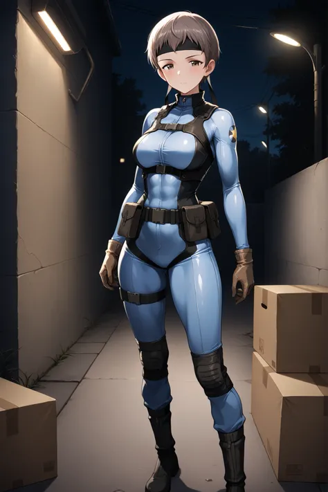 Masterpiece, 1girl, Character, naomi \(girls und panzer\), athletic physique, solidsnake cosplay, headband, blue bodysuit, gloves, harness, belt pouch, standing in a cardboard box, a concrete wall, dark, night, lit by a fluorescent street light, Girls Und ...