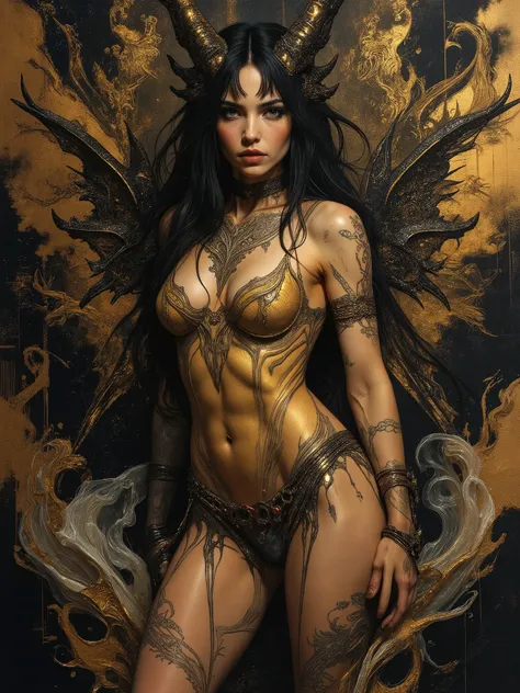 I want to create a tableau dedicated to portraying Lilith, queen of demons, first wife of Adam, first succubus. masterpiece. best quality. Full body shot, Aesthetic pose, artistic background abstract, infernal. Hellscspe in vivid dark brown and white col...