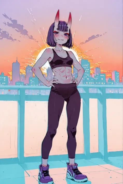 1girl, shuten_douji_(fate), solo, horns, breasts, sports_bra, purple_hair, oni_horns, sneakers, hands_on_hips, oni, skin-covered_horns, purple_eyes, short_hair, looking_at_viewer, shoes, smile, makeup, bangs, navel, leggings, pointy_ears, sunset, eyeliner,...