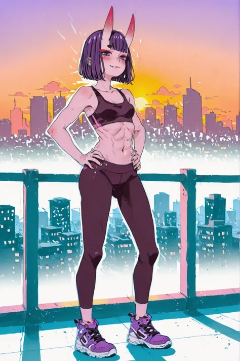 1girl, shuten_douji_(fate), solo, horns, breasts, sports_bra, purple_hair, oni_horns, sneakers, hands_on_hips, oni, skin-covered_horns, purple_eyes, short_hair, looking_at_viewer, shoes, smile, makeup, bangs, navel, leggings, pointy_ears, sunset, eyeliner,...