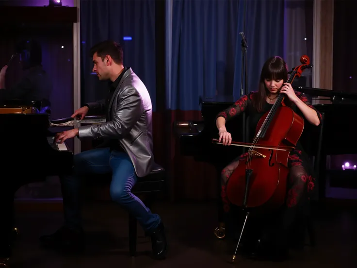 On a cruise ship, a pianist and cellist are playing on stage, the pianist wears blue leather jeans and a silver blazer made of leather, the female cellist wears a black leather dress with red floral patterns, the stage is in a dimly lit piano bar on a crui...