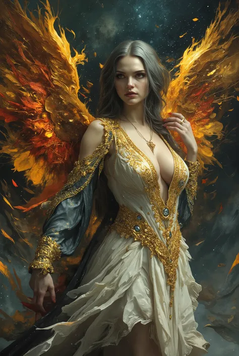 best, highest quality, ultra high resolution, masterpiece, hyperreal impressionistic full portrait done in a surreal dark fantasy style, what appears to be a gorgeous 20 year old albino vixen is something cosmic that towers over planets in its true form, a...