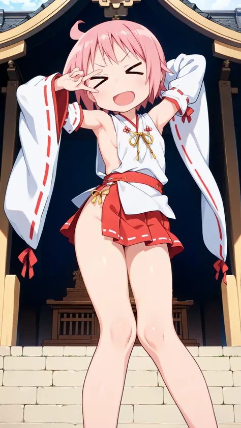 nonohara yuzuko, pink hair, short hair, ahoge,,bangs,nsfw,((anime style)),score_9, score_8_up, score_7_up, source_anime,,1girl, ((miko)),  (((((mini slit red skirt))))),, Exposed thighs ,Obi knot, (flat chest) , ((side boob)) , (No panties) ,  ,(Sleeveless...