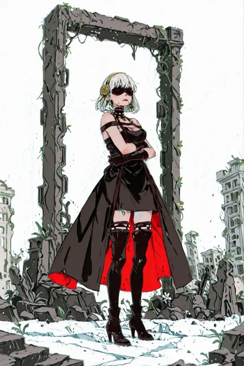 yorha_no._2_type_b, 1girl, blindfold, two-sided_dress, high_heels, high_heel_boots, breasts, cosplay, dress, boots, thigh_boots, solo, thighhighs, black_dress, white_hair, hairband, gloves, black_blindfold, short_hair, elbow_gloves, crossed_arms, full_body...