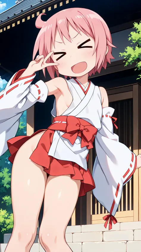 nonohara yuzuko, pink hair, short hair, ahoge,,bangs,nsfw,((anime style)),score_9, score_8_up, score_7_up, source_anime,,1girl, ((miko)),  (((((mini slit red skirt))))),, Exposed thighs ,Obi knot, (flat chest) , ((side boob)) , (No panties) ,  ,(Sleeveless...