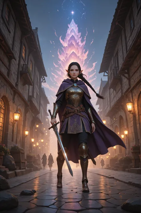 dungeon and dragon ,fantasy,Movie Still,Film Still,Cinematic,Cinematic Shot,Cinematic Lighting,a picture of a female elf (intense details, Masterpiece, best quality) fantasy swashbuckler, fantasy fencer, armed with a slim sword, shinning sword, metallic sh...