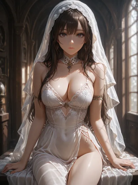 Highest Quality,masterpiece,Staring at the Viewer,soft touch,Delicate Body Curves,Realistic Human Body,wears a veil,Beautiful Dress,