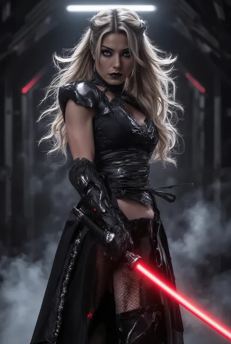 8K, HDR10+, sehr detailliert, Meisterwerk, detailed faces. dynamic battle scene of a terrifying Sith assassin, In the dark, mist-filled passages of a spaceship and keeps a red-glowing lightsaber ready for battle. Every gesture of her hand and every look re...