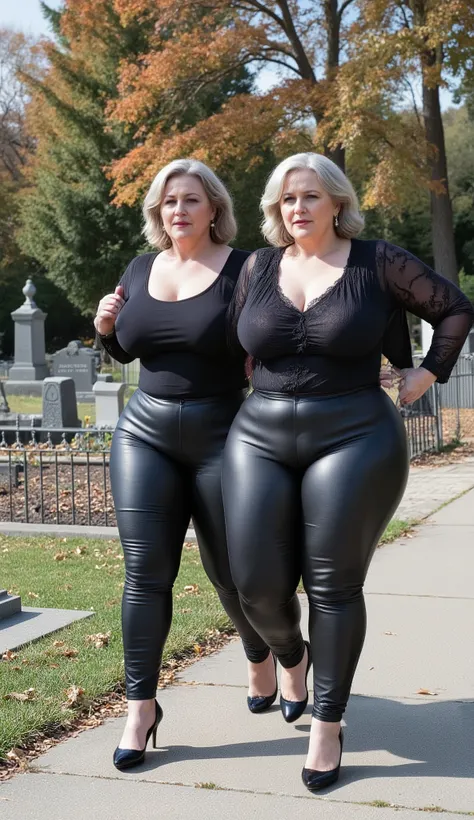 Two stunning beautiful mature women, widows, 55 and 60 years old, famous gorgeous, voluptuous, plump, fat obese body, wearing a black tight leather pants and a black lace blouse and black high heels. The hair is grey and white with a wavy style. Both walki...